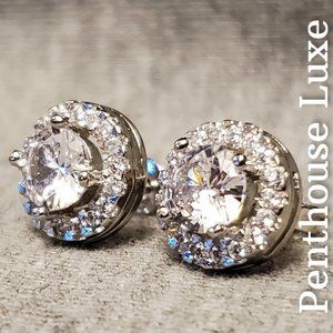 Brilliant Cut Halo Silver Earring Set